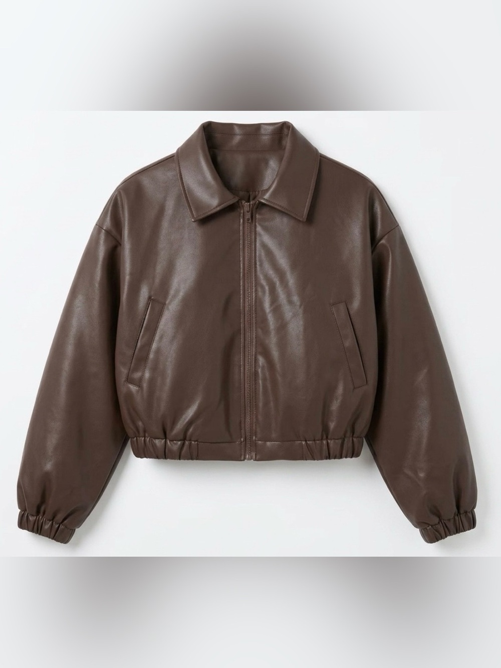 Cropped Faux Leather Bomber Jacket - Dark Brown